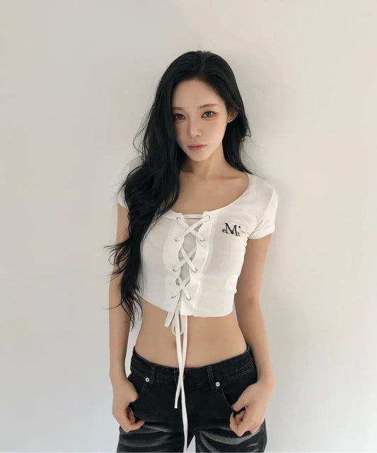 Brand Week Sale -07.13[Mucent] Luke Eyelet Lace-up Corset Rolled Short Sleeve T-shirt (2 Colors)