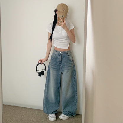 (Preorder) Heart snap loose wide light wash jeans