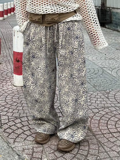 (Preorder) Floral pigment print loose-fit cotton one size pants