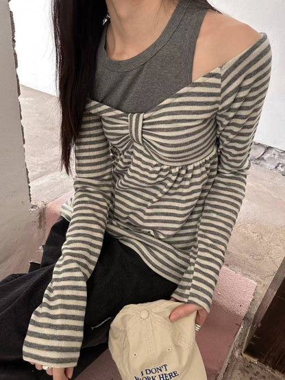 (DEC NEW) Ribbon Chest Design Off Shoulder Striped Top