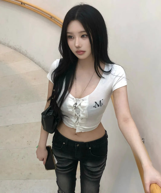 Brand Week Sale -07.13[Mucent] Luke Eyelet Lace-up Corset Rolled Short Sleeve T-shirt (2 Colors)