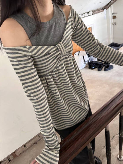 (DEC NEW) Ribbon Chest Design Off Shoulder Striped Top