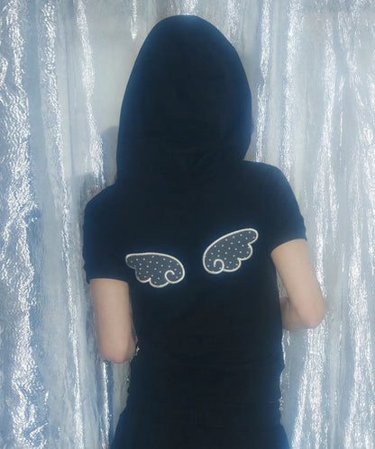 [SLEEKGLOW] Angel Applique Half Zip-Up Hoodie [Black]