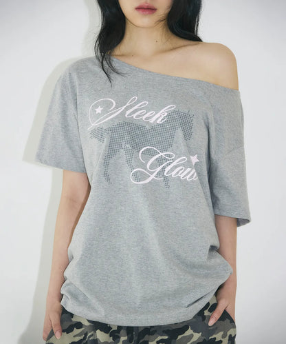 [SLEEKGLOW] Horse One-Shoulder T-Shirt [Gray]