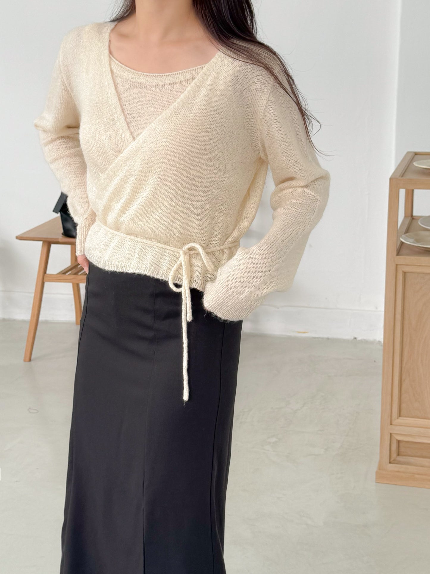 Knit Sleeveless Top and Cardigan Tie Set (Ivory)