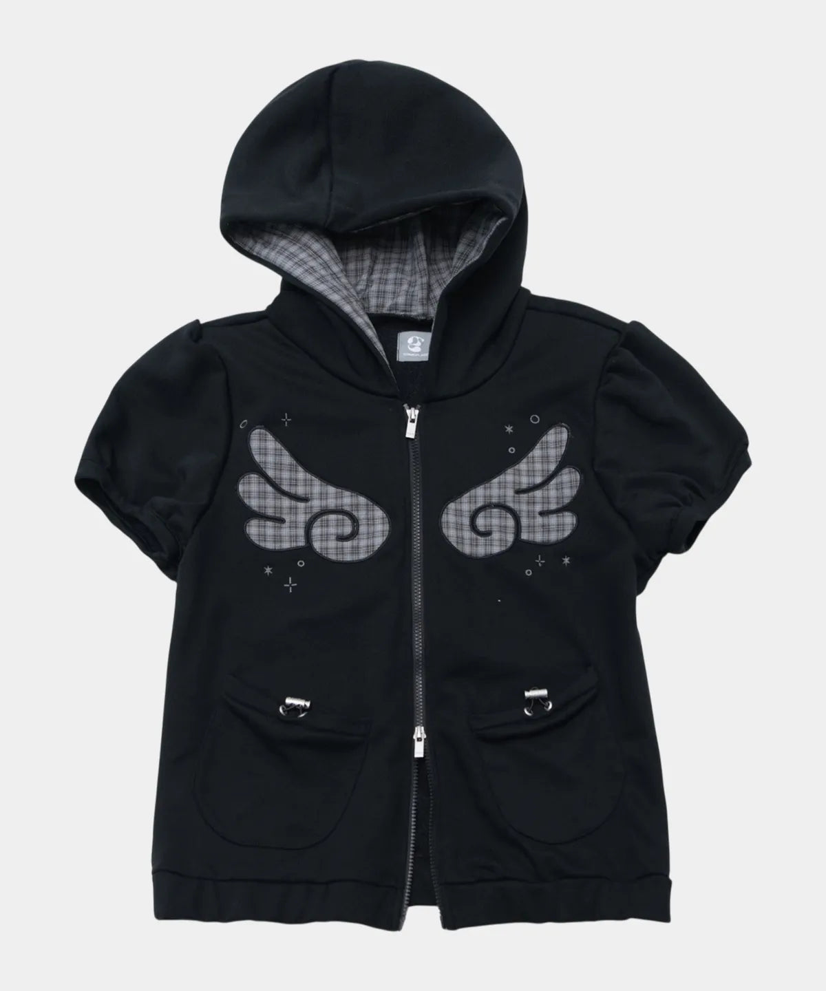 Musinsa Sale till 11/6! [SOME PLACE] Angel Hoodie Check Contrast Detail Pocket Drawstring Puff Short Sleeve Zip-Up Hoodie [Black]