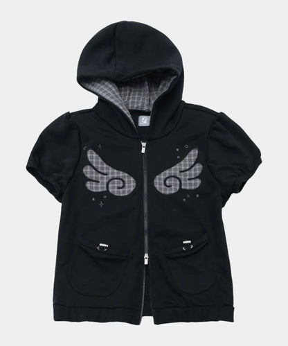 Musinsa Sale till 11/6! [SOME PLACE] Angel Hoodie Check Contrast Detail Pocket Drawstring Puff Short Sleeve Zip-Up Hoodie [Black]
