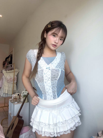 Fairycore Floral Lace Detail Panel Tee (Grey)