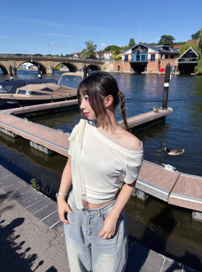 High End Mesh Asymmetrical Bow Off Shoulder Top(3Colours)