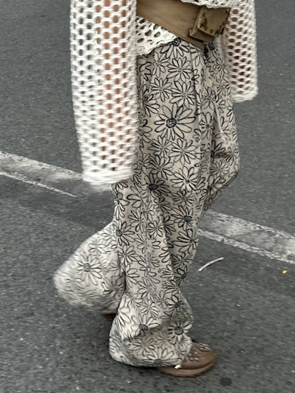 (Preorder) Floral pigment print loose-fit cotton one size pants