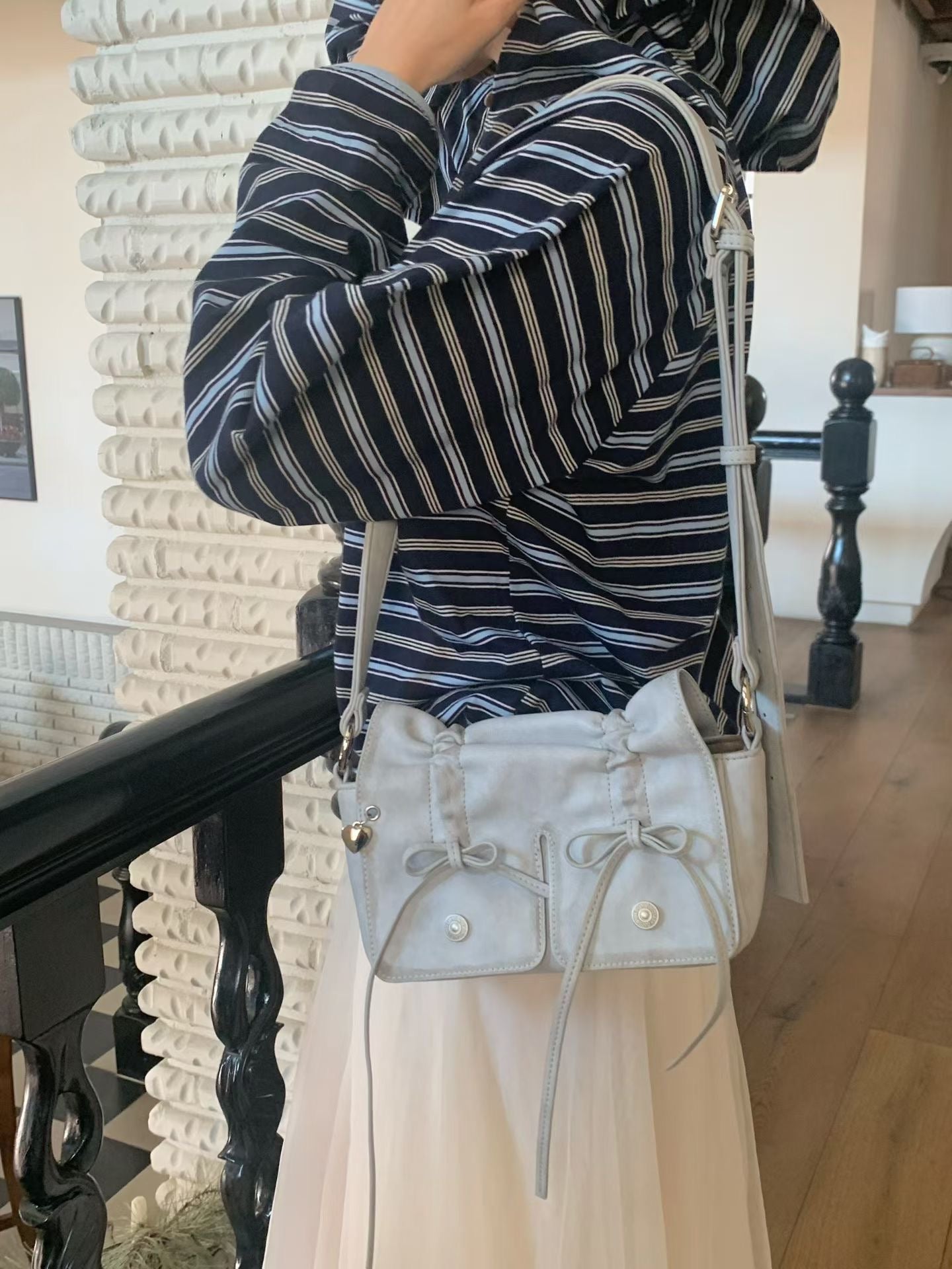 Grey Designer Brand Ribbon Leather Shoulder Bag (Large/Mini)