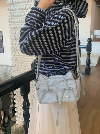 Grey Designer Brand Ribbon Leather Shoulder Bag (Large/Mini)