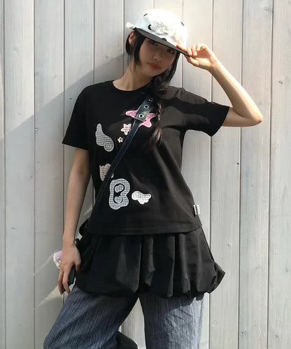 [Ambler] Angel & Star Elements Check Patch Short Sleeve T-shirt (Oversized/ Crop/ 2 Colours)