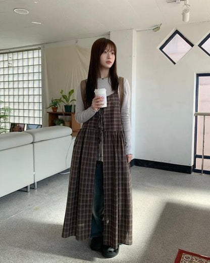 Ribbon Check 2 Way Layering Long Dress Ops