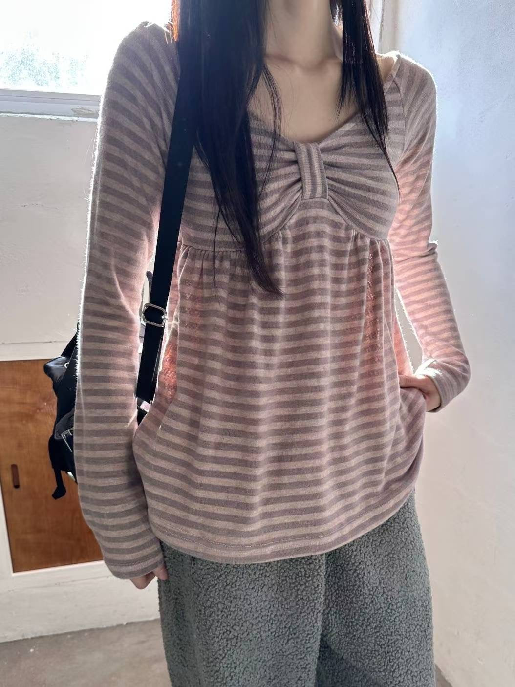 (DEC NEW) Ribbon Chest Design Off Shoulder Striped Top