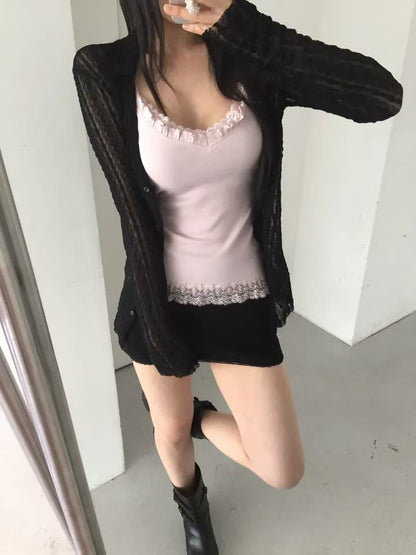 Angelique Sheer Lace Cardigan Top 4 Season (Black)
