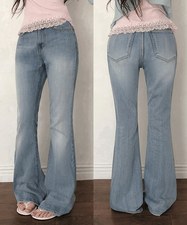 [OOTJ]Washed Light Blue Raw Semi-Bootcut Denim Pants