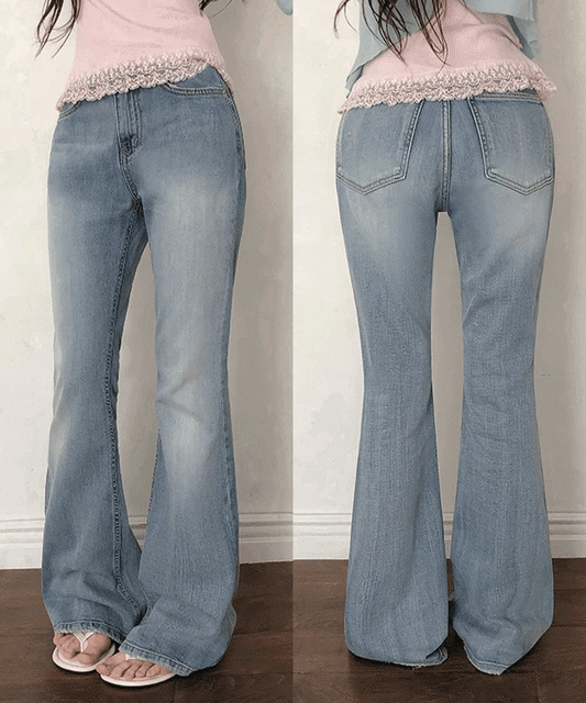 [OOTJ]Washed Light Blue Raw Semi-Bootcut Denim Pants