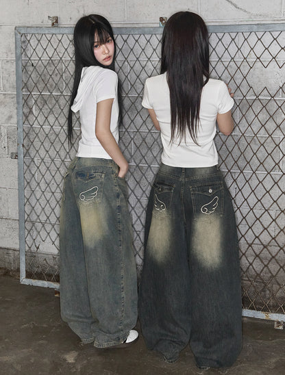 [LOOXP] Angel Wing Washed Back Pocket Balloon Wide Denim Pants Vintage Medium Blue