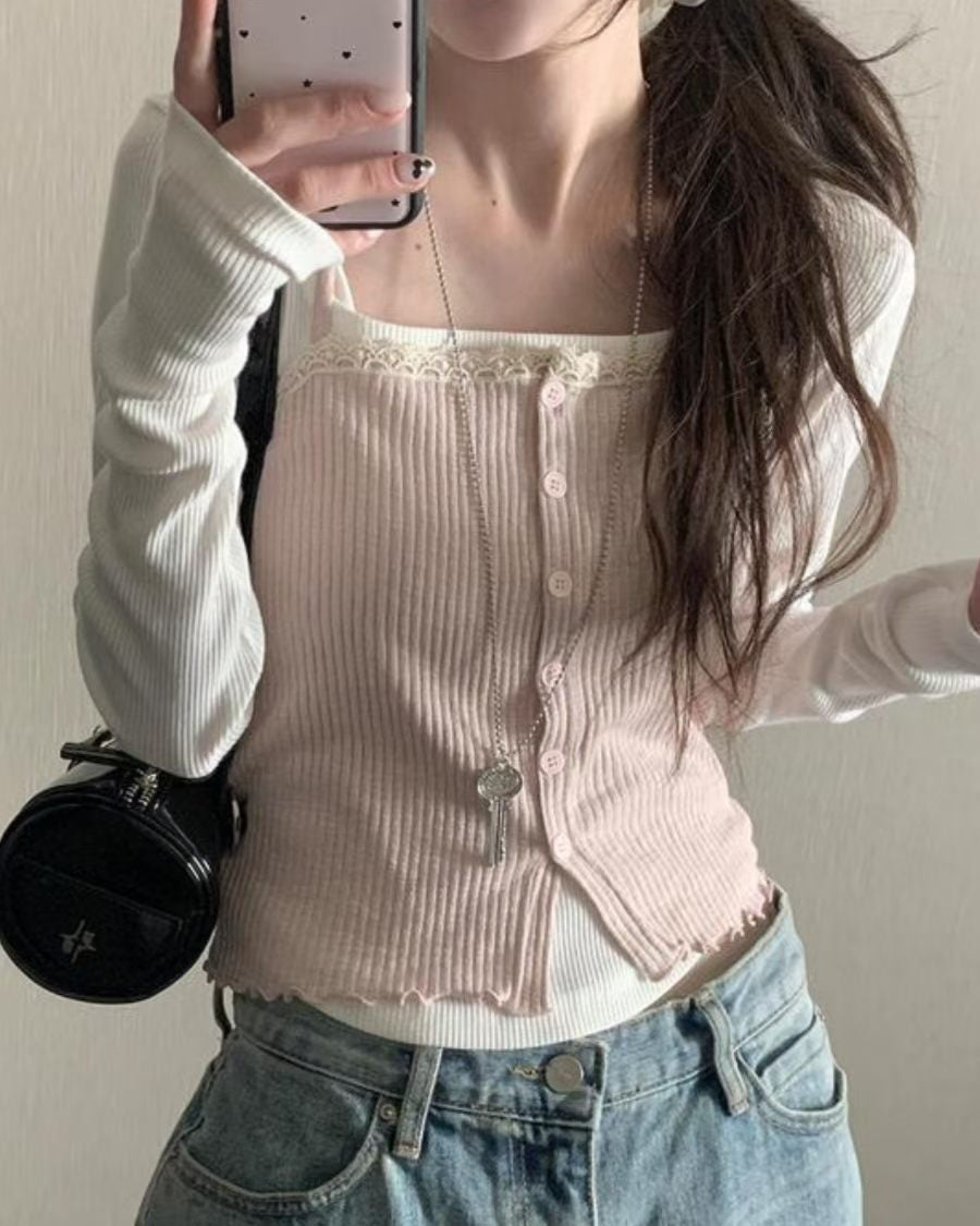 Soft Lace Trim Ribbed Fake Button Sleeveless Top (3 Colours)