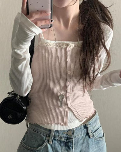 Soft Lace Trim Ribbed Fake Button Sleeveless Top (3 Colours)