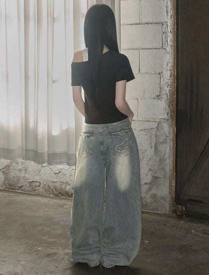 [LOOXP] Angel Wing Washed Back Pocket Balloon Wide Denim Pants Light Blue