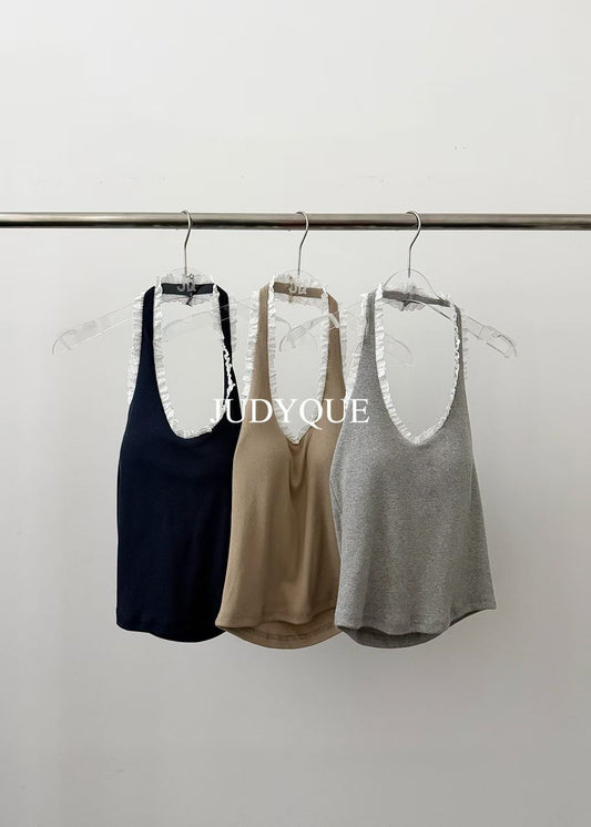 High End Padded Trim Halter Knit Tank Top