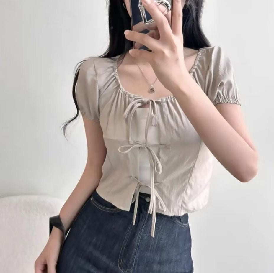 Ribbon Tie Front Puff Sleeve Blouse Cardigan (3Colours)