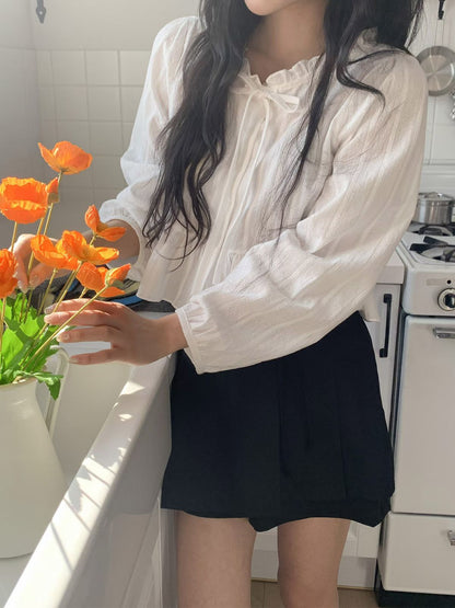 Ruffle Hem Long Sleeve Blouse with Ties