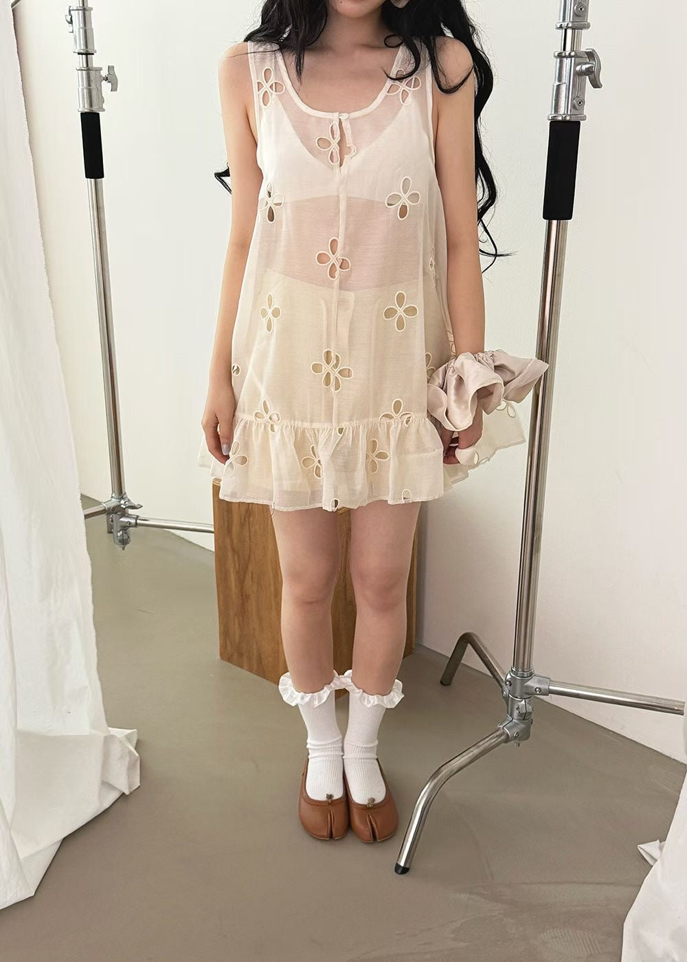 High End Sheer Floral Detail Ruffle Hem Dress Ops