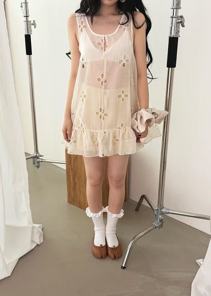 High End Sheer Floral Detail Ruffle Hem Dress Ops