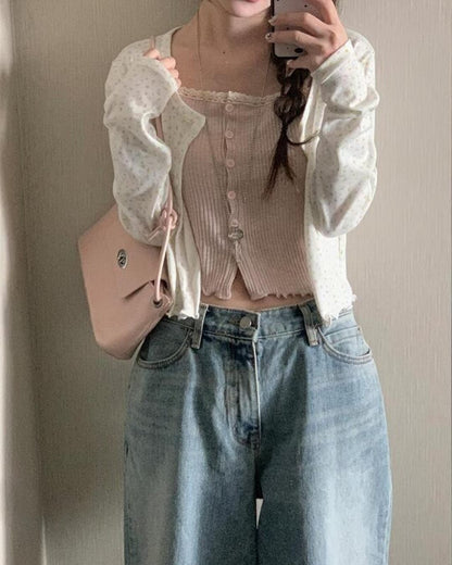 Soft Lace Trim Ribbed Fake Button Sleeveless Top (3 Colours)