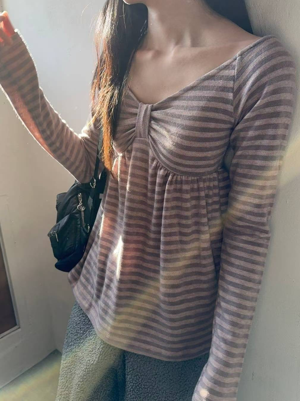 (DEC NEW) Ribbon Chest Design Off Shoulder Striped Top