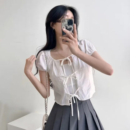Ribbon Tie Front Puff Sleeve Blouse Cardigan (3Colours)