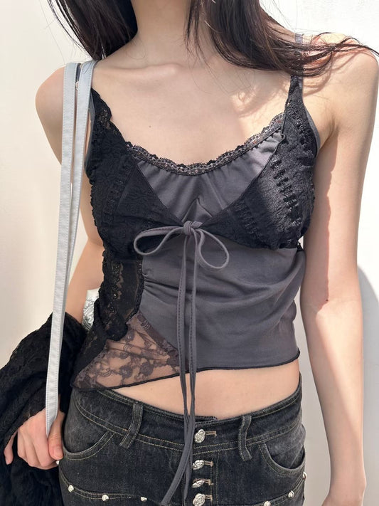Layered Lace Patchwork Camisole with Bow