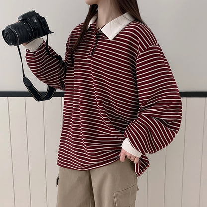 Collar striped long-sleeve top