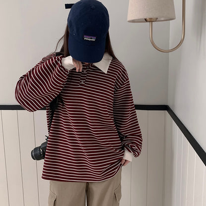 Collar striped long-sleeve top