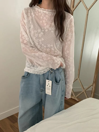 Star Detailed Mesh Lace Ruffle Hem Long Sleeve Top