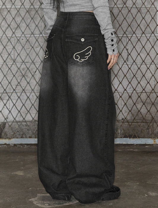 [LOOXP] Angel Wing Washed Back Pocket Balloon Wide Denim Pants Black Denim