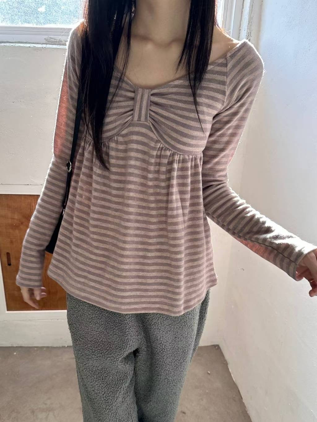 (DEC NEW) Ribbon Chest Design Off Shoulder Striped Top