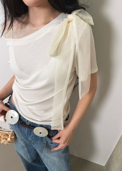 High End Mesh Asymmetrical Bow Off Shoulder Top(3Colours)