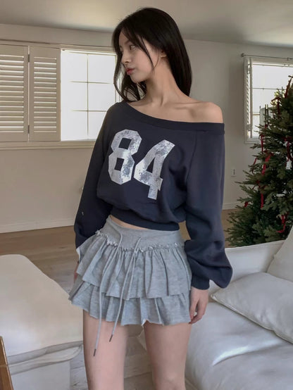 (Preorder) 84 Raglan Off-Shoulder Crop Sweatshirt