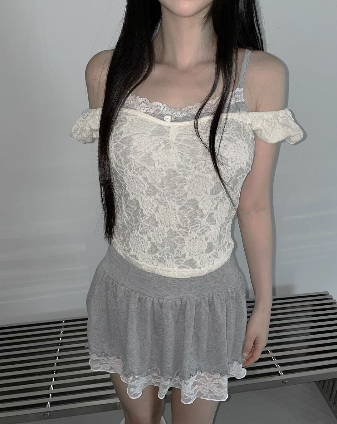 Sheer Lace Textured Puff Sleeve Blouse