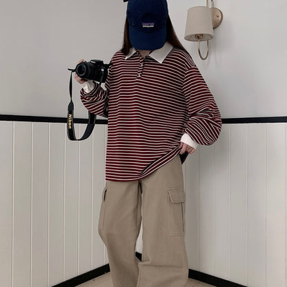 Collar striped long-sleeve top