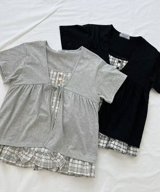Pretty Check Color Layer Fake Cardigan Top