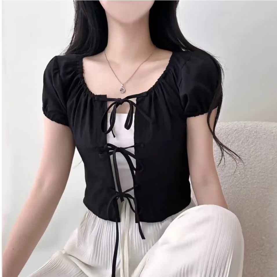 Ribbon Tie Front Puff Sleeve Blouse Cardigan (3Colours)
