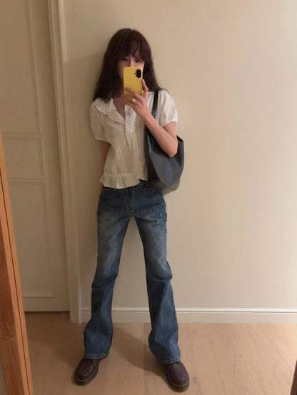 Dolly Button Up Layered Frill Collar Short Sleeve Blouse