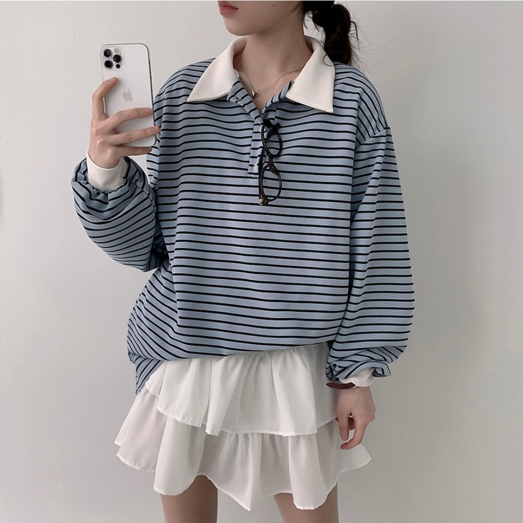 Collar striped long-sleeve top