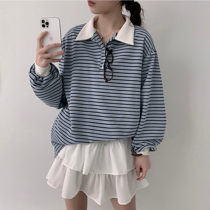 Collar striped long-sleeve top