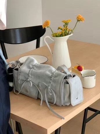 Grey Designer Brand Ribbon Leather Shoulder Bag (Large/Mini)